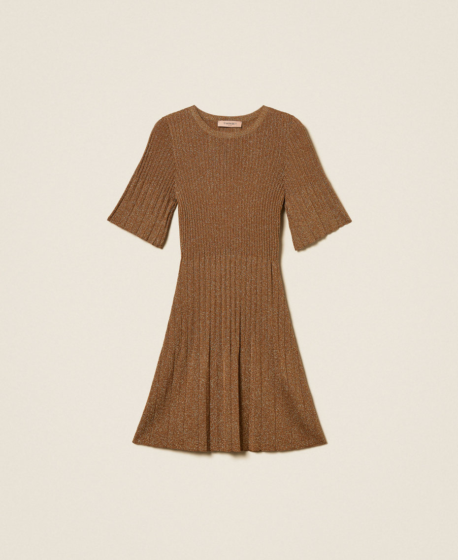 Short lurex knit dress Bubinga Wood Brown Gold Lurex Woman 261TP3040_13361_S0