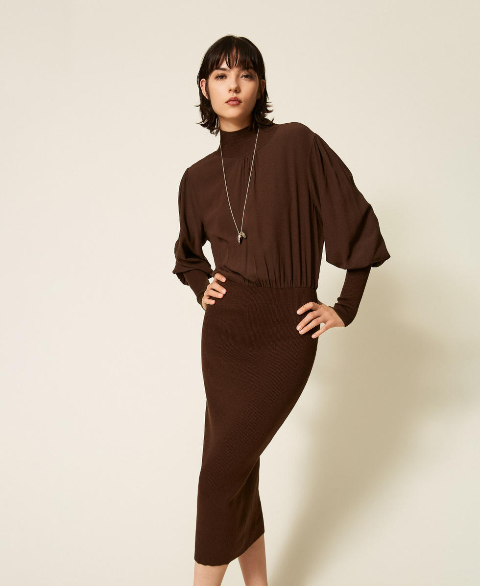 Knit and cr&ecirc;pe de Chine long dress Darkness Brown Woman 262TP3240_13411_01