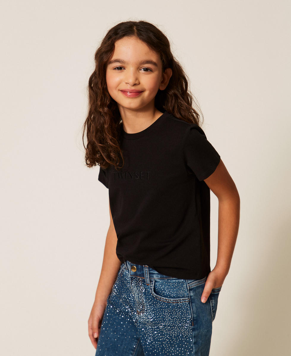 T-shirt regular con logo ricamato Nero Bambina 261GJ2252_00006_02