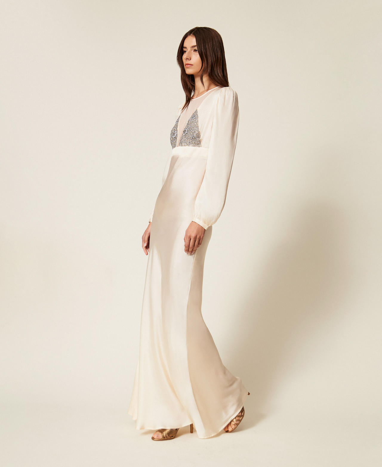 Long satin and tulle dress with embroidery Light Natural Woman 252TT2131_12227_02