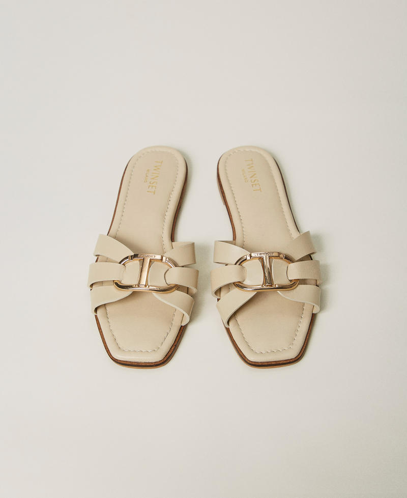 Leather slides with Oval T Pale "Ginger Root” Beige Woman 251TGT090_11640_04