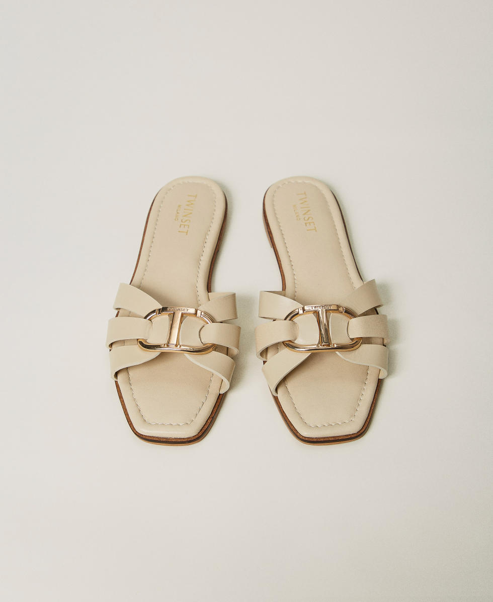 Leather slides with Oval T Woman, Beige | TWINSET Milano