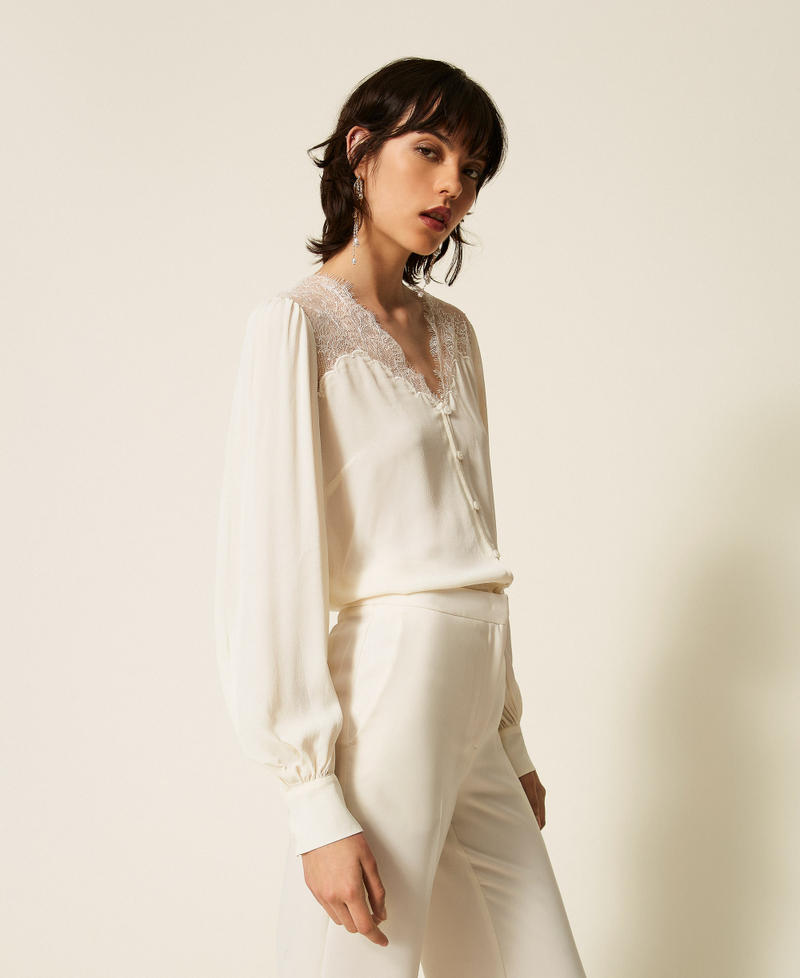 Jacquard shirt with lace Mother Of Pearl Woman 262TP2481_00059_02