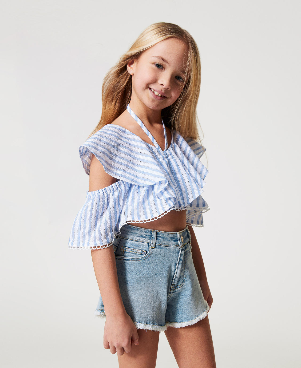 Jacquard muslin top with flounces Paper Blue/Ice Stripes Girl 251GJ2471_12208_02