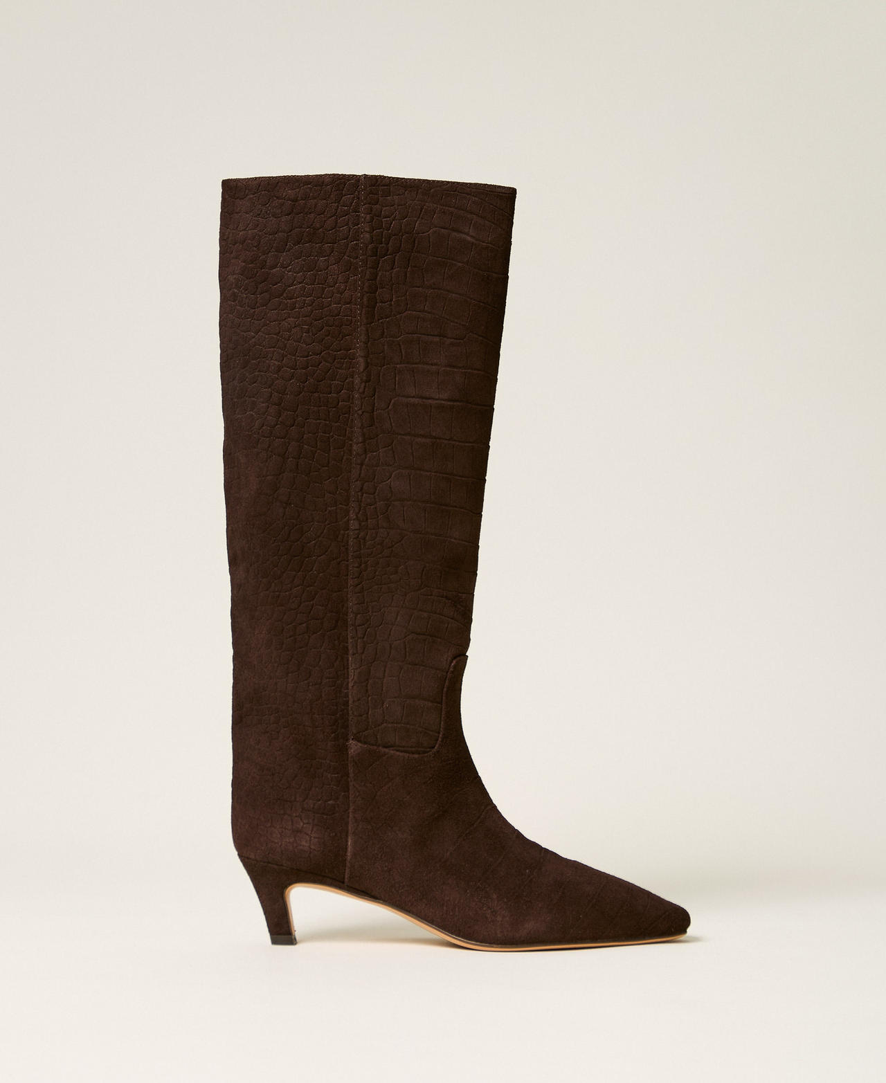 Crocodile print suede high boots