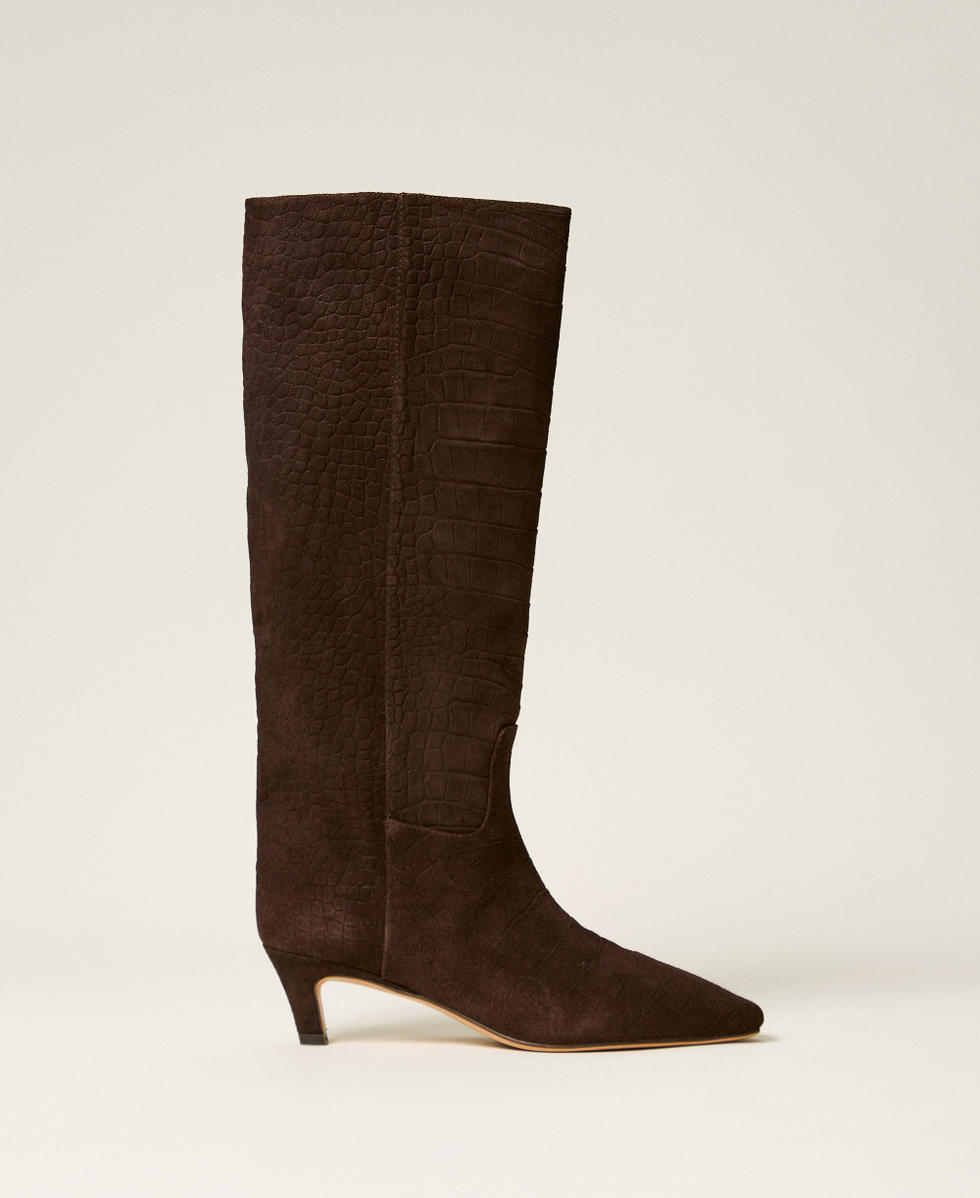 Crocodile print suede high boots Coffee Croc Print Woman 262TGT080_14043_01