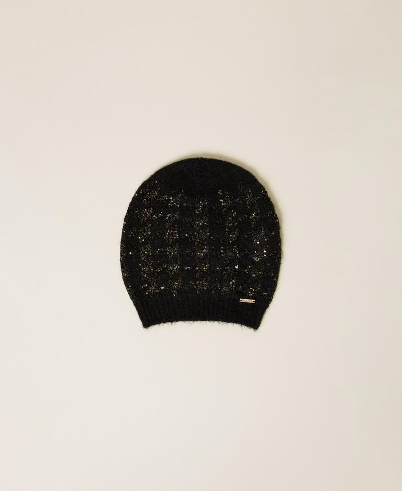 Jacquard knit beanie with houndstooth pattern Black/Black-Gold Woman 262TA4581_13926_01