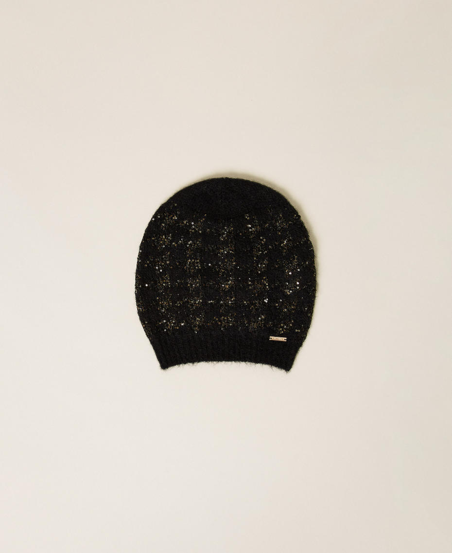 Jacquard knit beanie with houndstooth pattern Black/Black-Gold Woman 262TA4581_13926_01