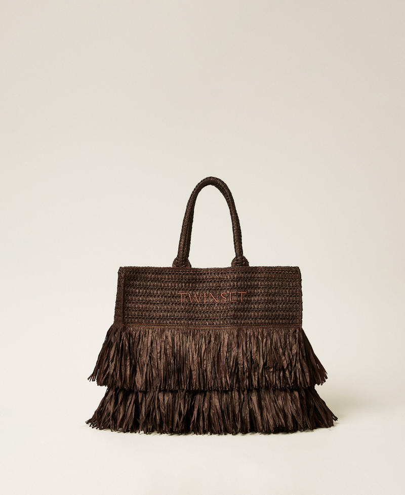 Raffia shopper bag with fringes Coffee Chocolate Woman 261LM8AAA_11946_01