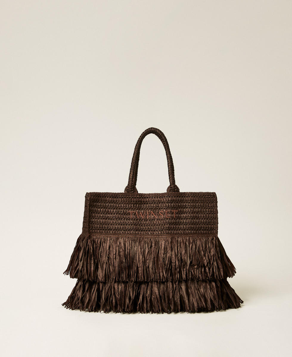 Raffia shopper bag with fringes