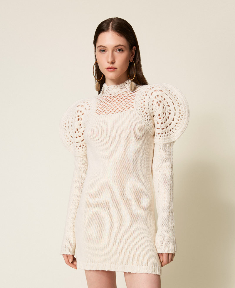Short wool knit dress with crochet work White Snow Woman 252TS3140_00282_01