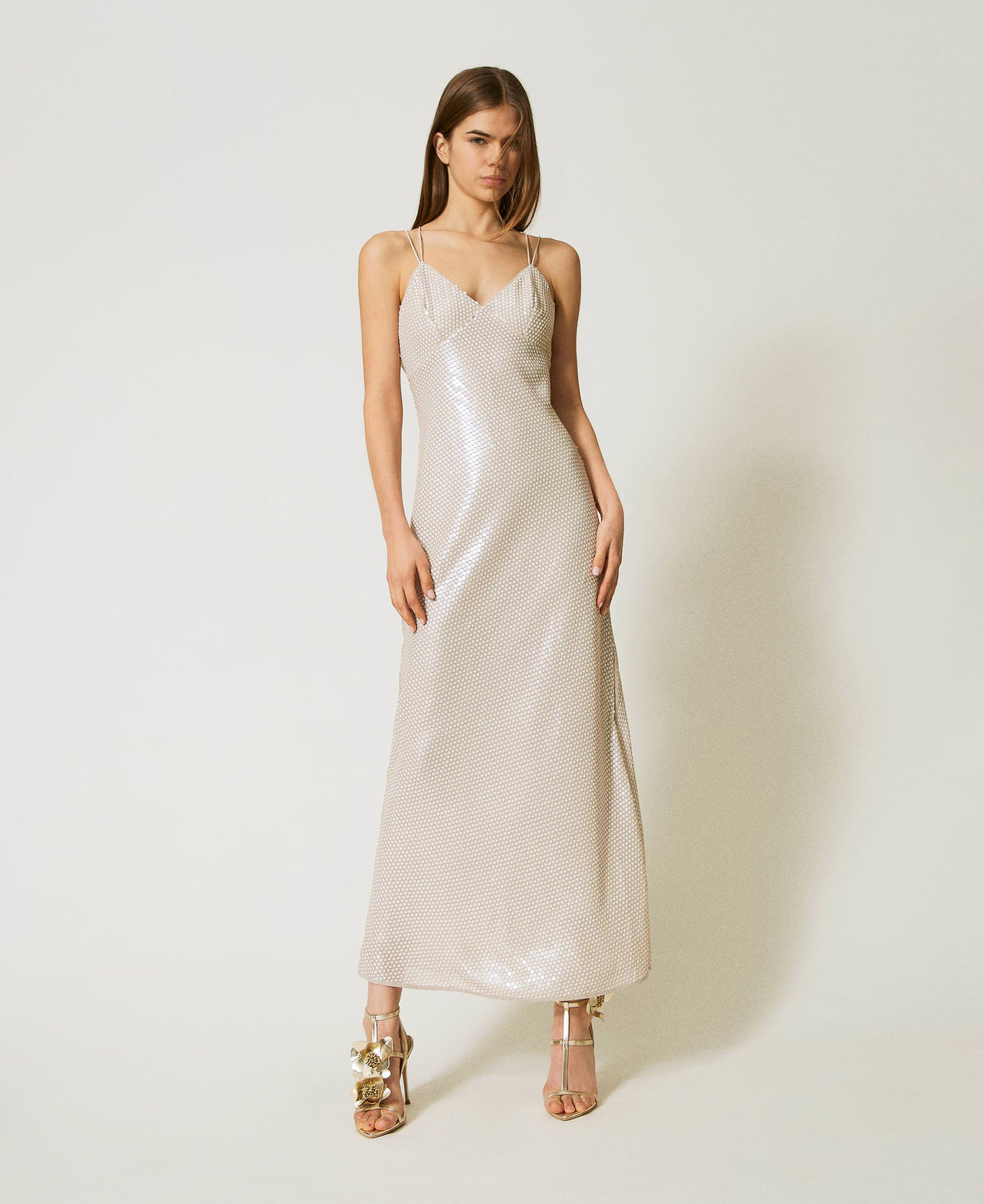 Long dress with sequin embroidery Rope Beige Sequin Embroidery Woman 251TT2130_12495_01
