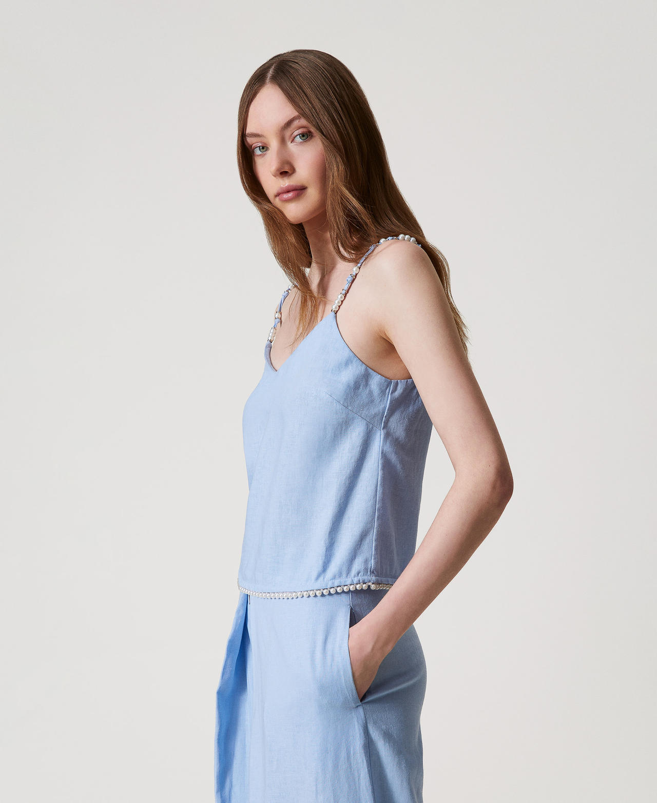 Top in misto lino con perle Azzurro "Blue Topaz" Donna 251LM2QDD_12106_02