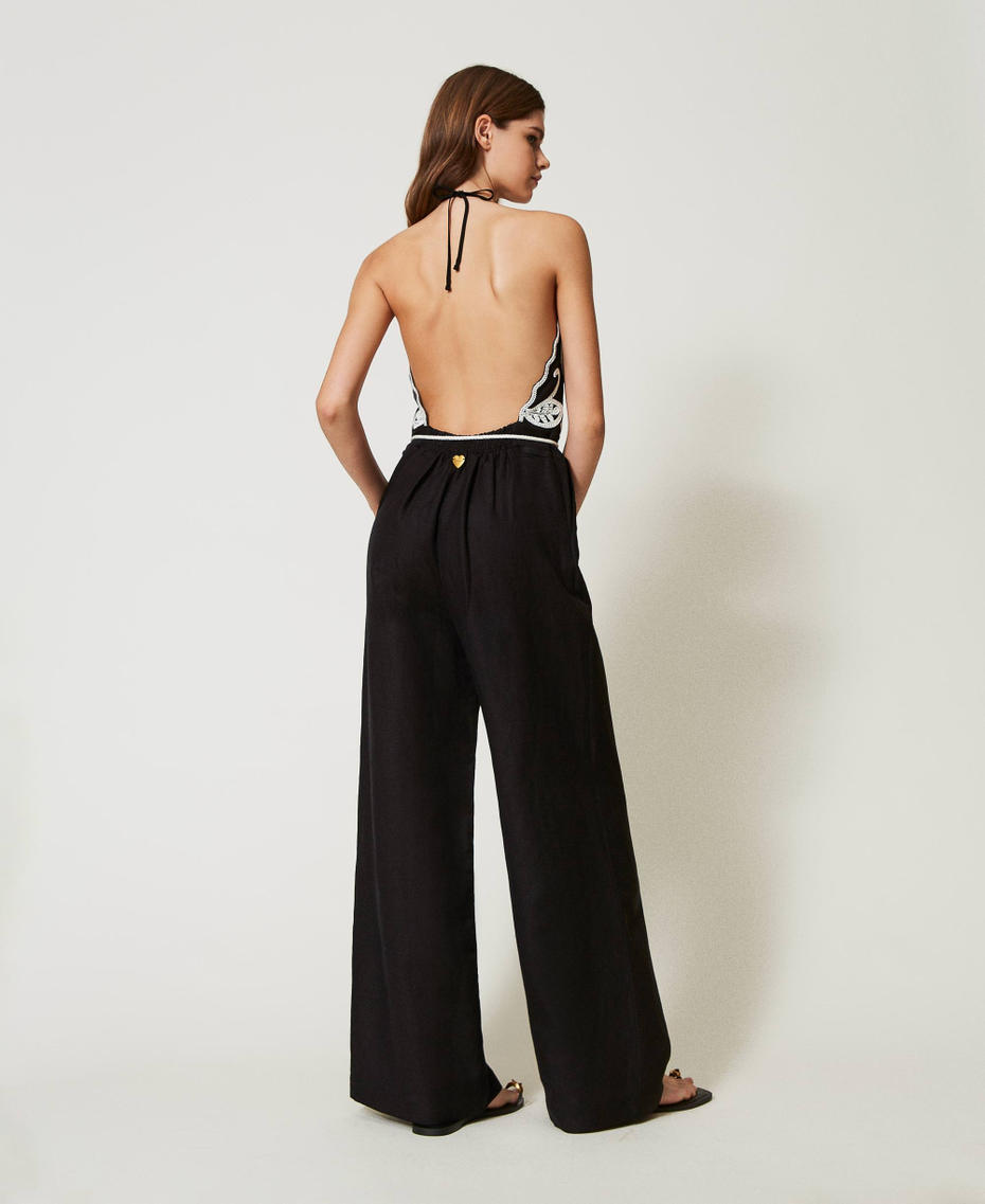 Linen blend jumpsuit with embroidery Bicolour Black / Mother-of-pearl White Woman 251LB2FAA_02710_03