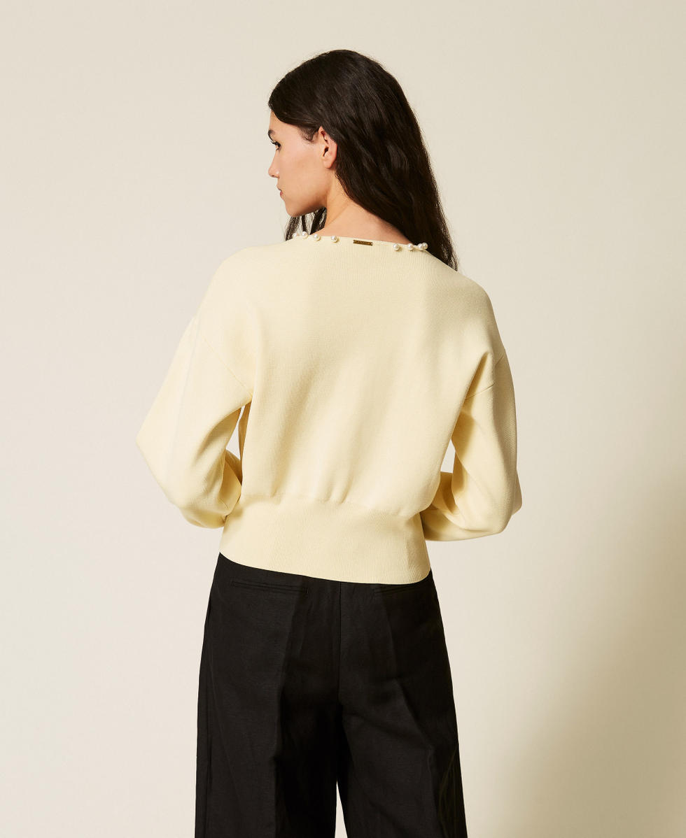 Cardigan with pearl embroidery Double Cream Yellow Woman 261LL3CBB_12842_03