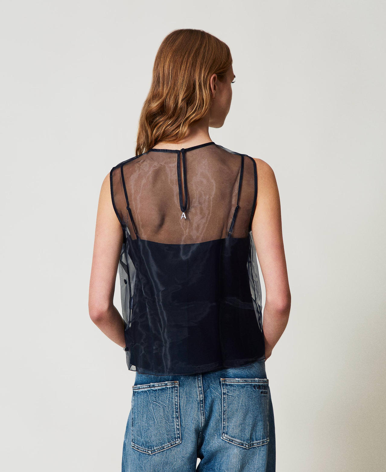 Organza top with hand embroidery Deep Blue Woman 251AP2512_03585_02