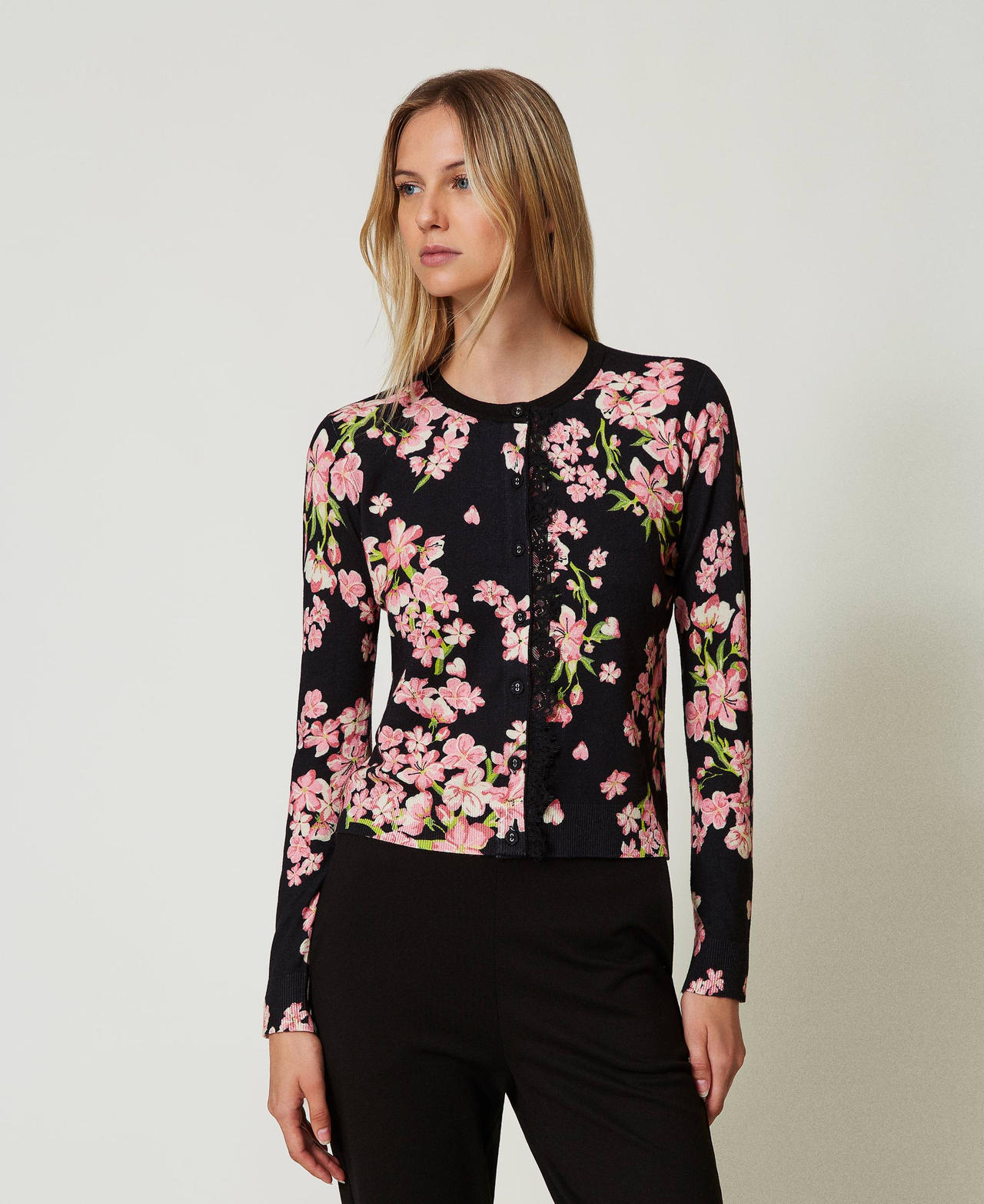 Cardigan in maglia con stampa e pizzo Multicolor Blooming Donna 242LL3TAA_11998_01