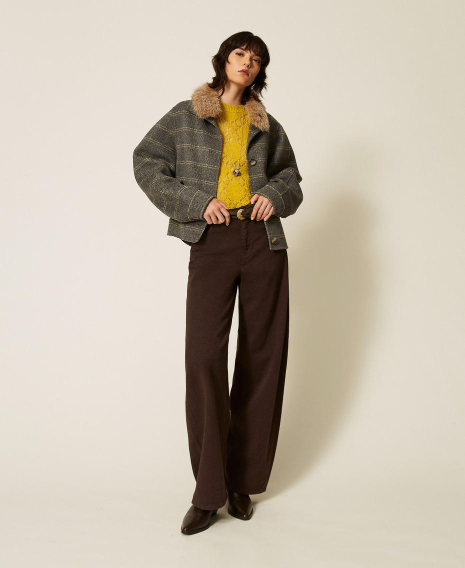 Double check wool caban coat with faux fur Grey Melange/Mustard Check Woman 262TP2221_13841_01