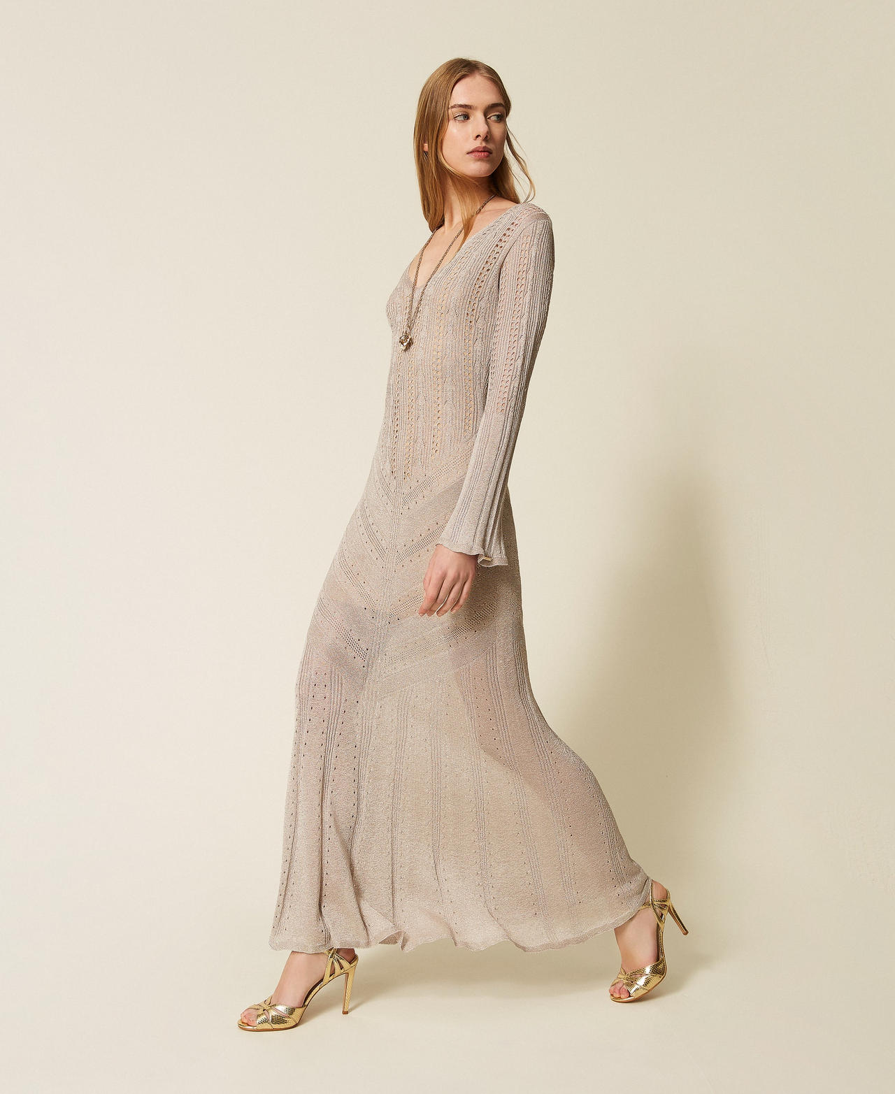 Long multi function knit dress with lurex Sand Lurex Woman 261TT3134_13564_02