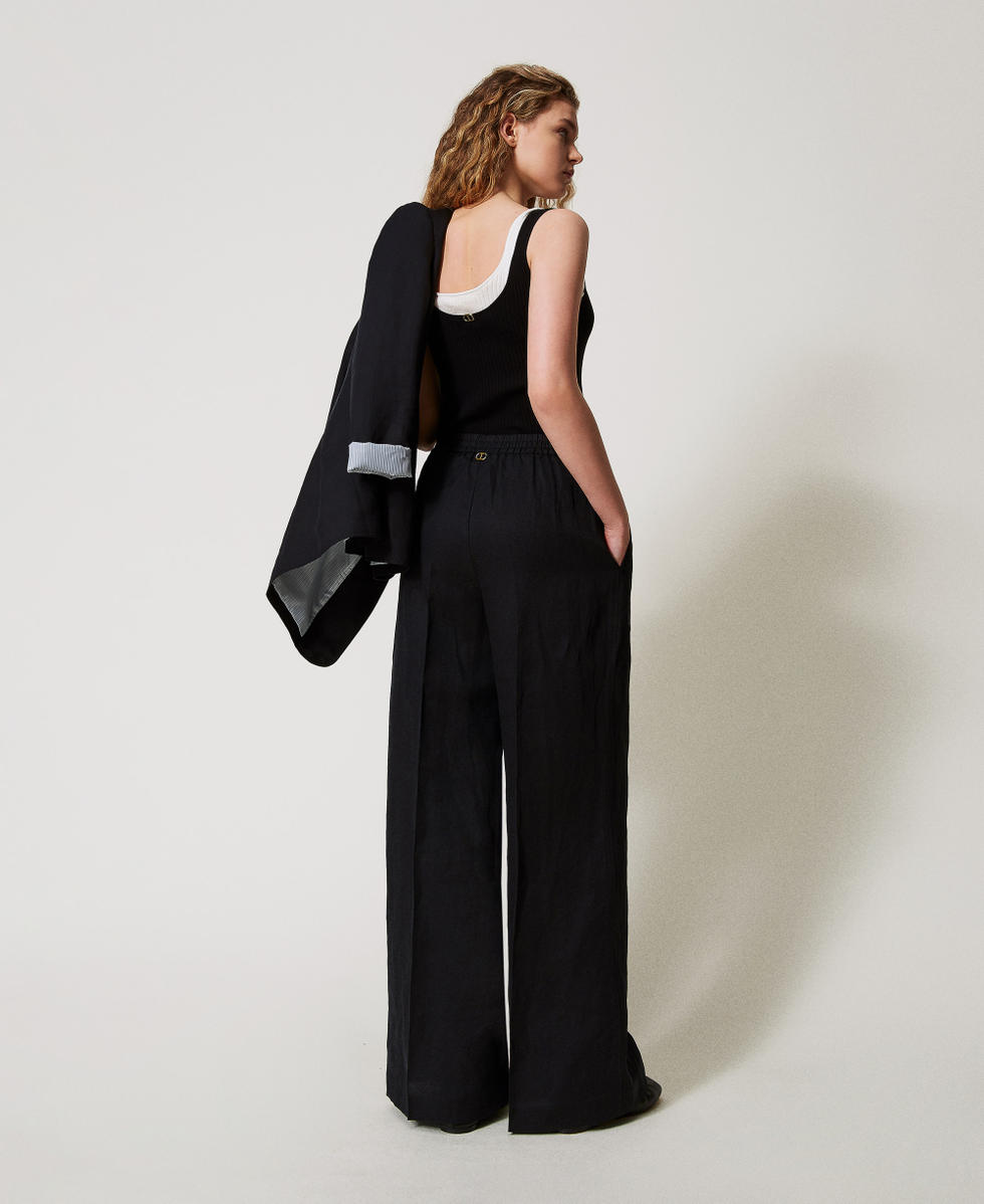 Pantalon palazzo en lin m&eacute;lang&eacute; Noir Femme 251TE2143_00006_03