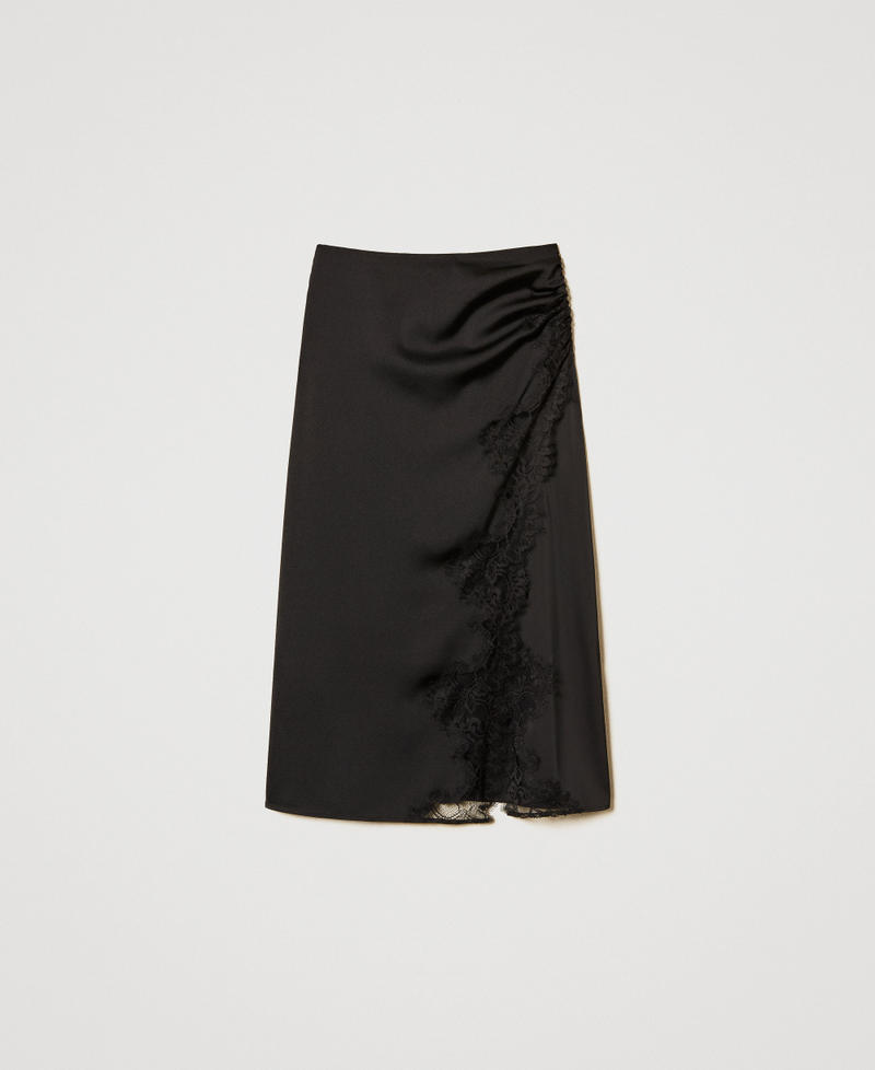 Satin and lace midi skirt Woman, Black | TWINSET Milano
