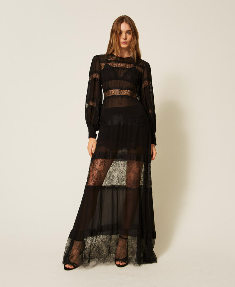 Maxikleid aus Georgette und Spitze Schwarz Frau 262TT2630_00006_T0
