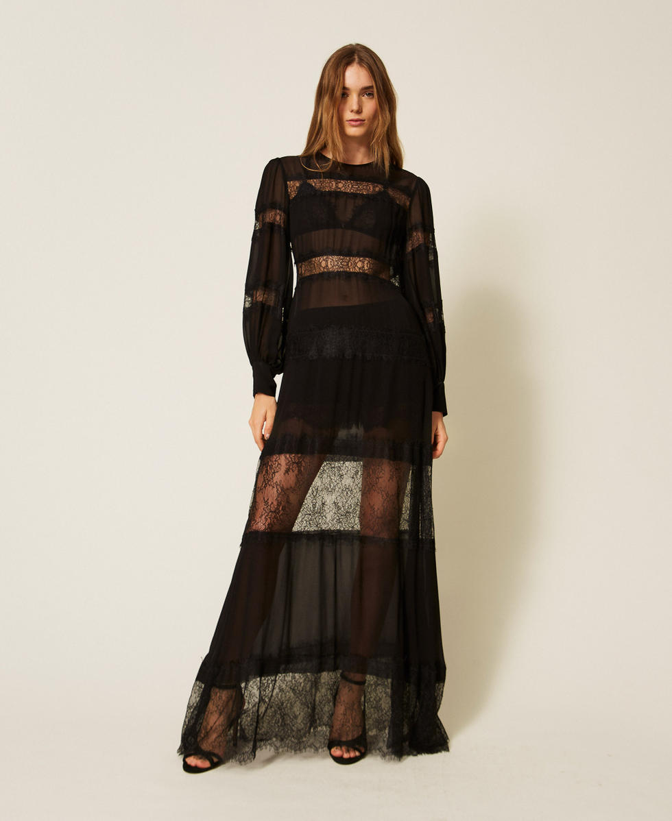 Maxikleid aus Georgette und Spitze Schwarz Frau 262TT2630_00006_T0
