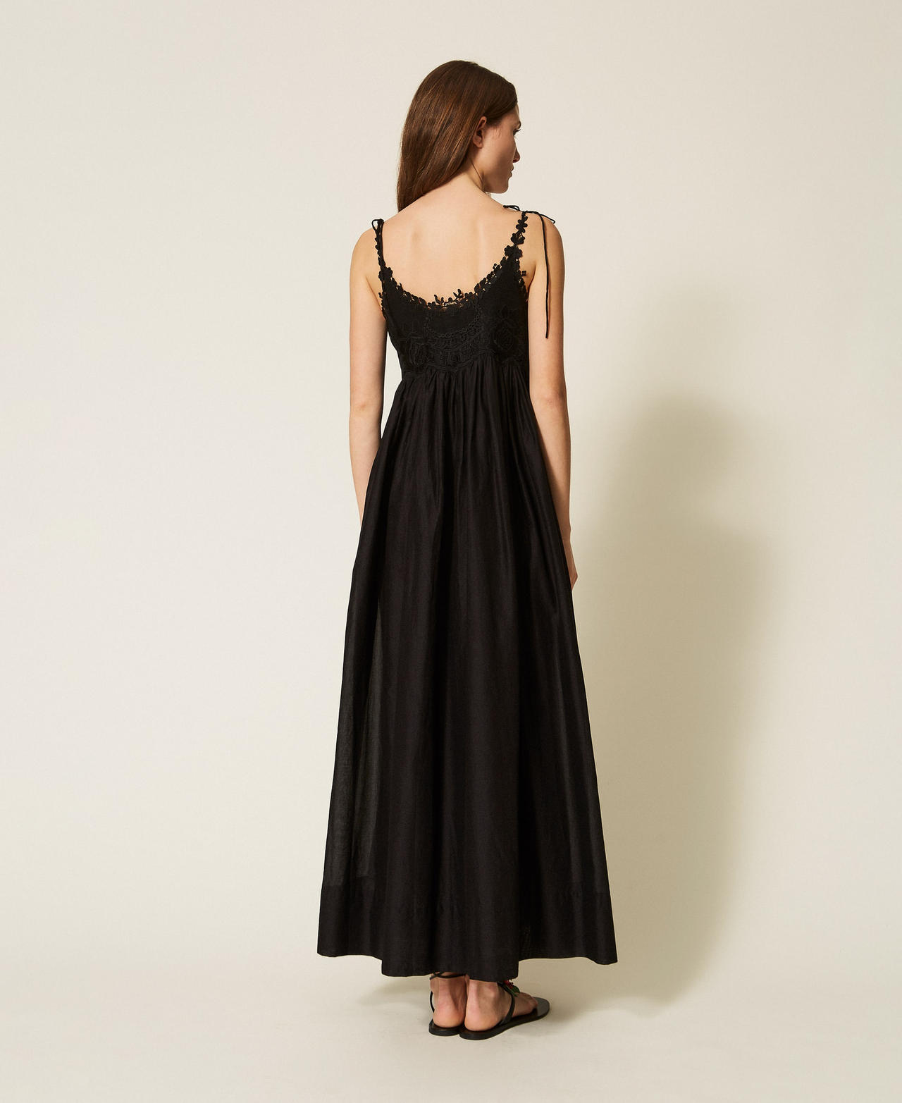 Длинное муслиновое платье с кружевом Черный женщина 261TT2140_00006_03