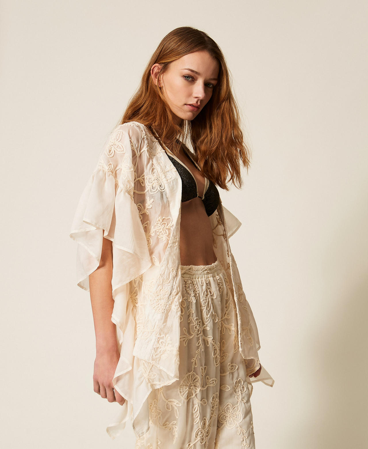 Poncho with Cornely embroidery Parchment White Woman 261LB4AGG_00461_02