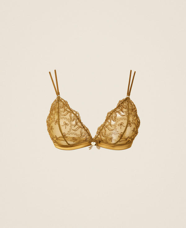 Embroidered tulle triangle bra with bows