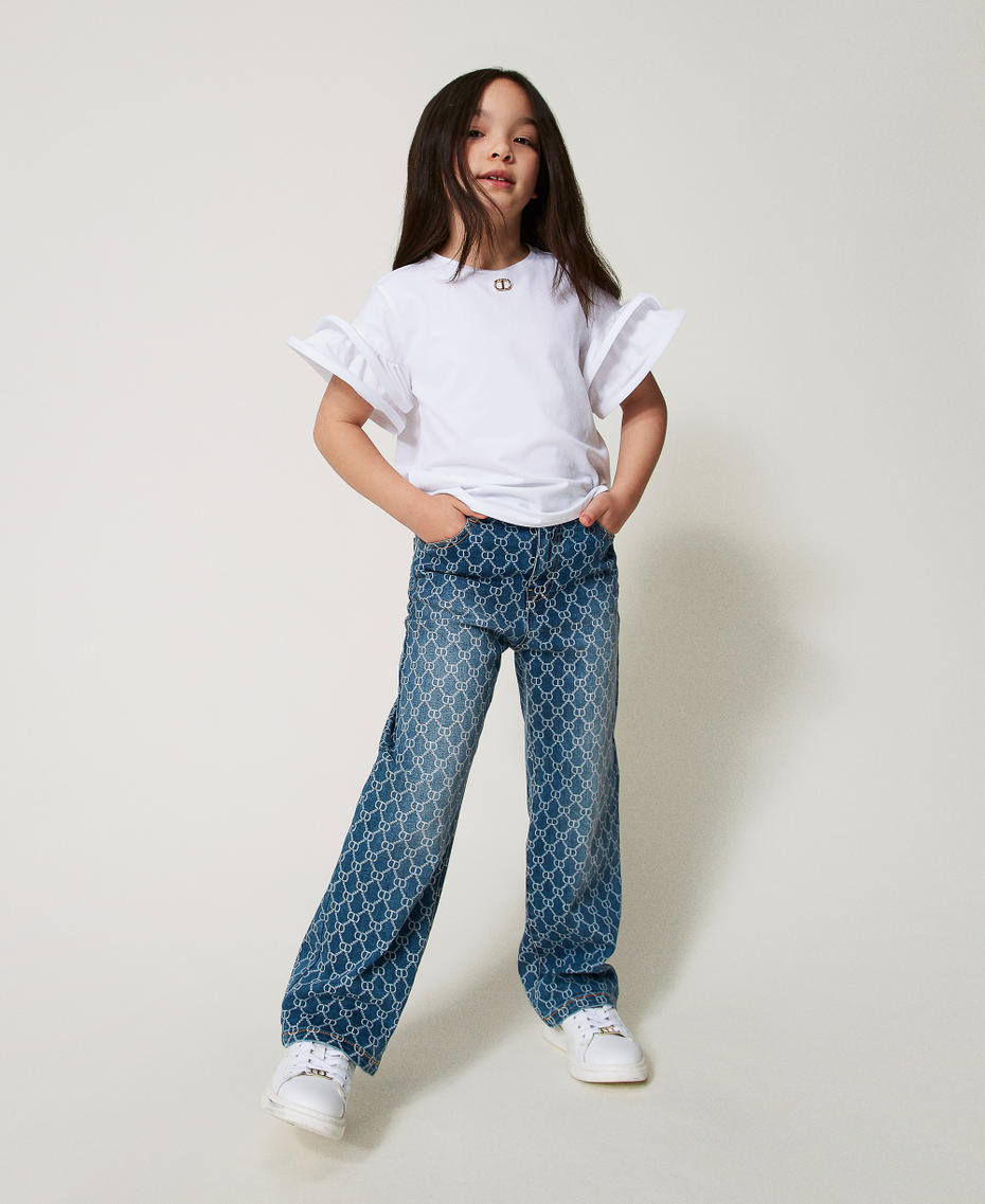 T-shirt with flounces and Oval T "Ice" White Girl 251GJ2440_00808_01