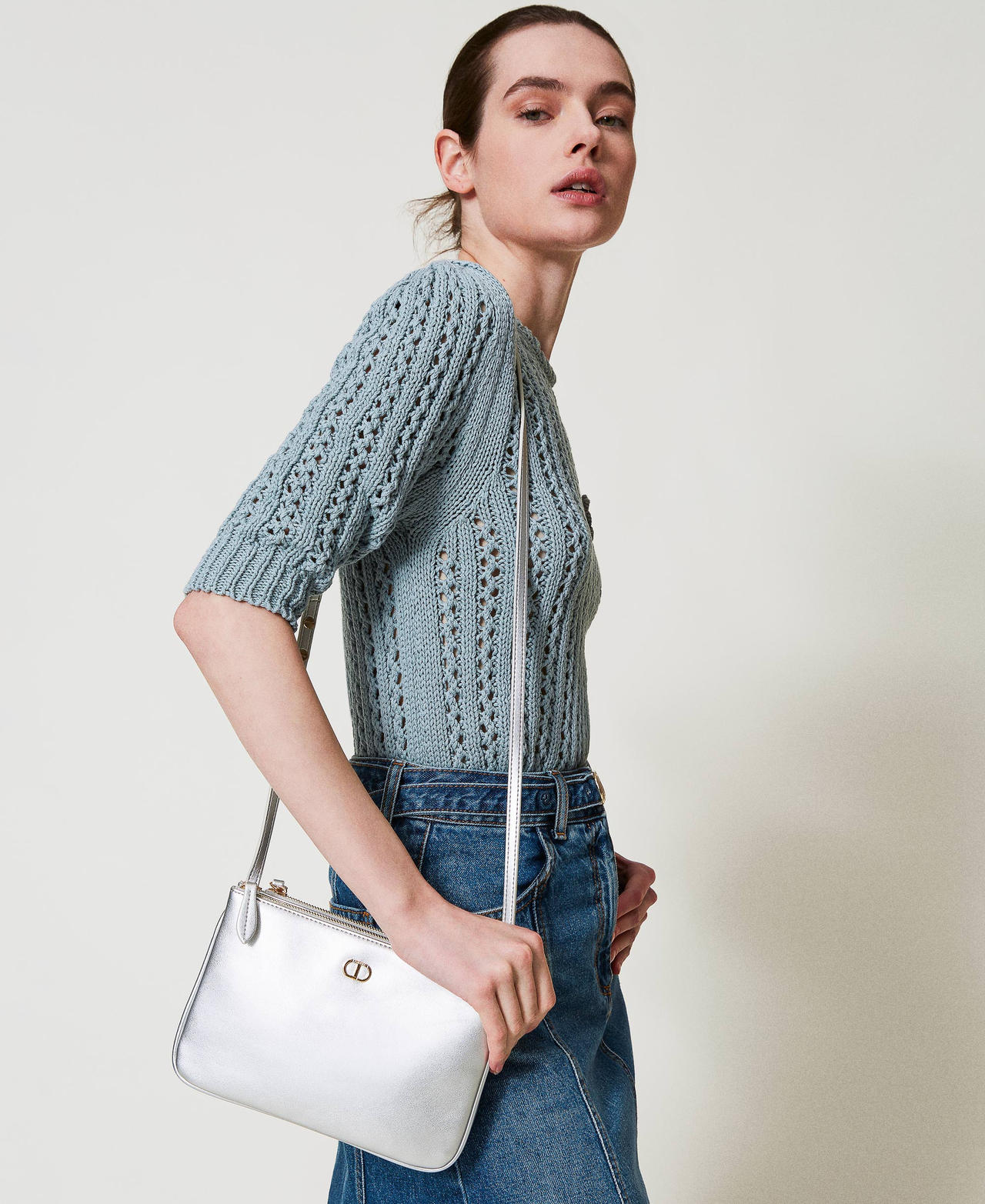 ★TOUT Y EST★ Mellia Lillet Shoulder 28 RXBSX24112BKX Mini double shoulder bag Woman, Silver | TWINSET Milano
