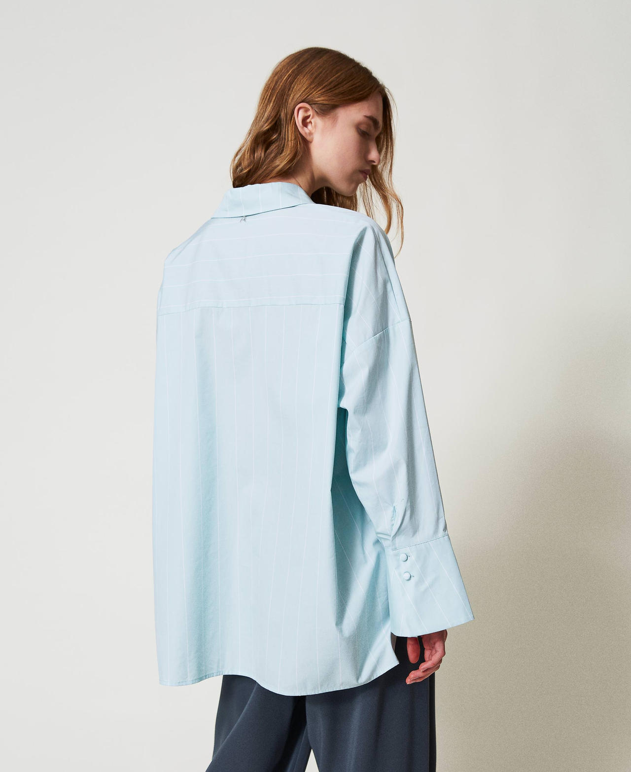 Poplin shirt with bezel embroidery Canal Blue/Papers Stripes Woman 251AP2487_12236_02