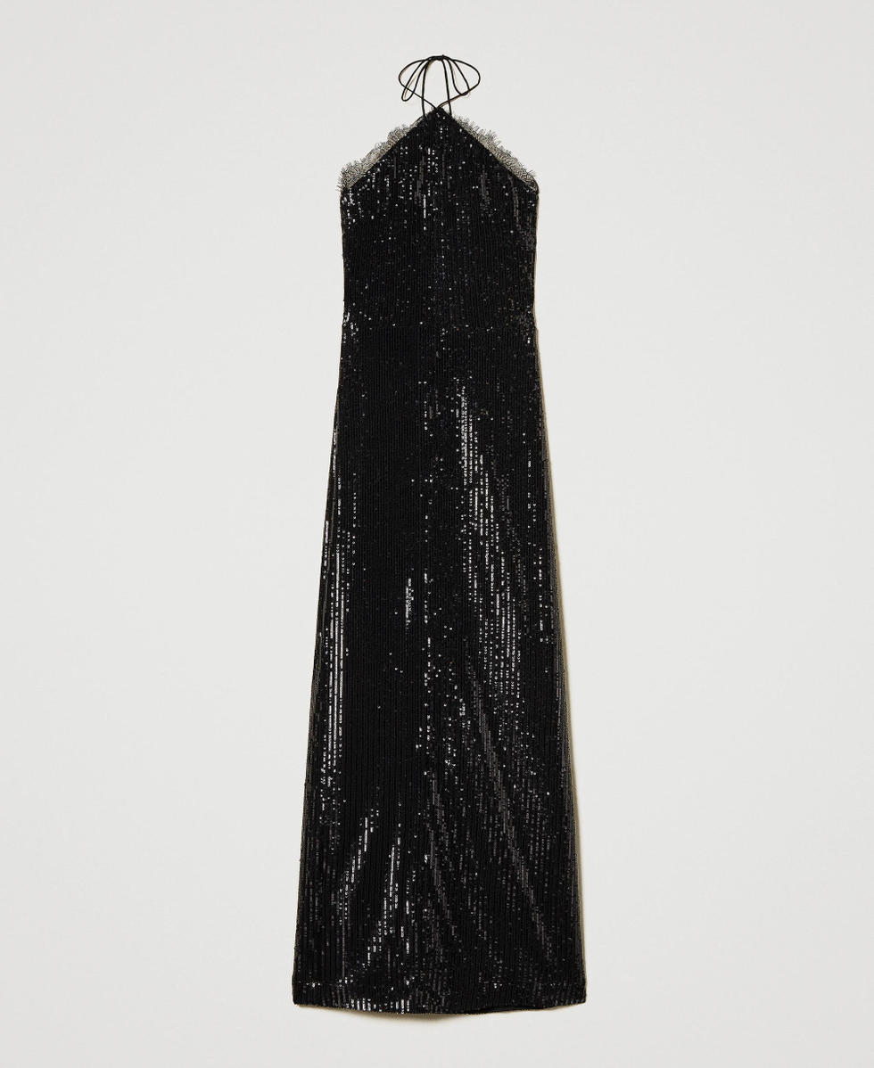 Abito lungo in paillettes con pizzo Nero Donna 242AT2340_00006_S0