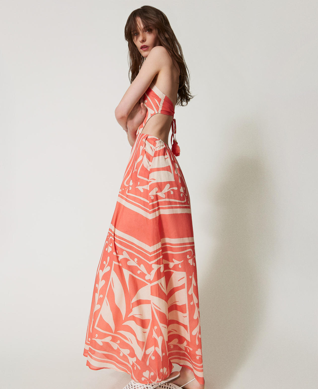 Long dress in printed muslin Coral Sun/Almond Beige Foulard Print Woman 251LM2BEE_12381_01