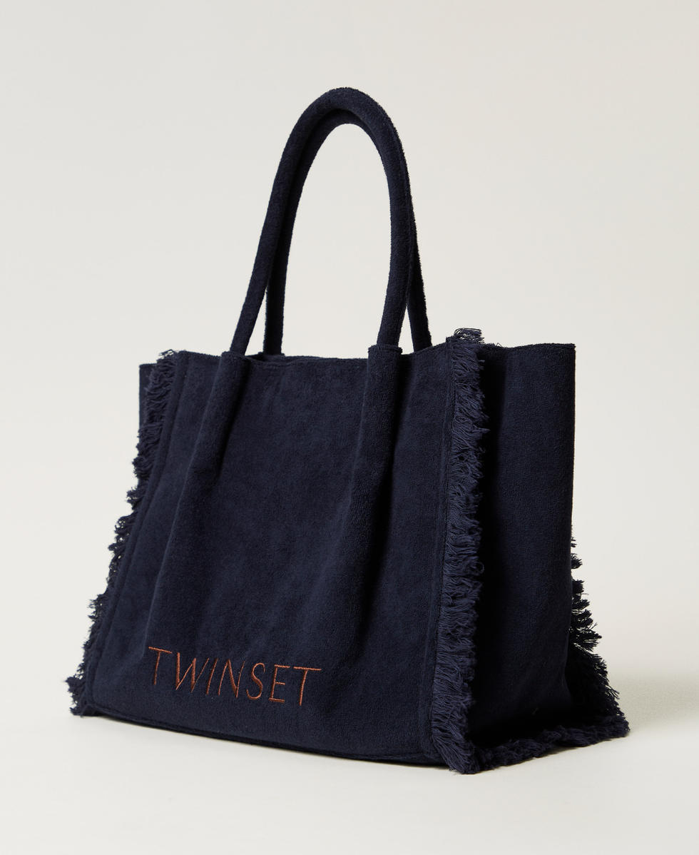Cabas en &eacute;ponge avec franges Bleu Classique Femme 251LM8AKK_11956_02