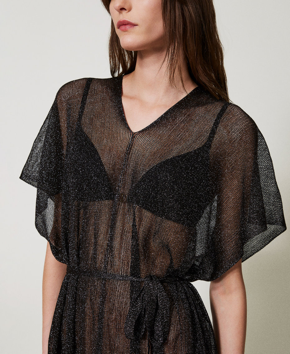 Long mesh and lurex kaftan with fringes Black Woman 251TO5180_00006_04