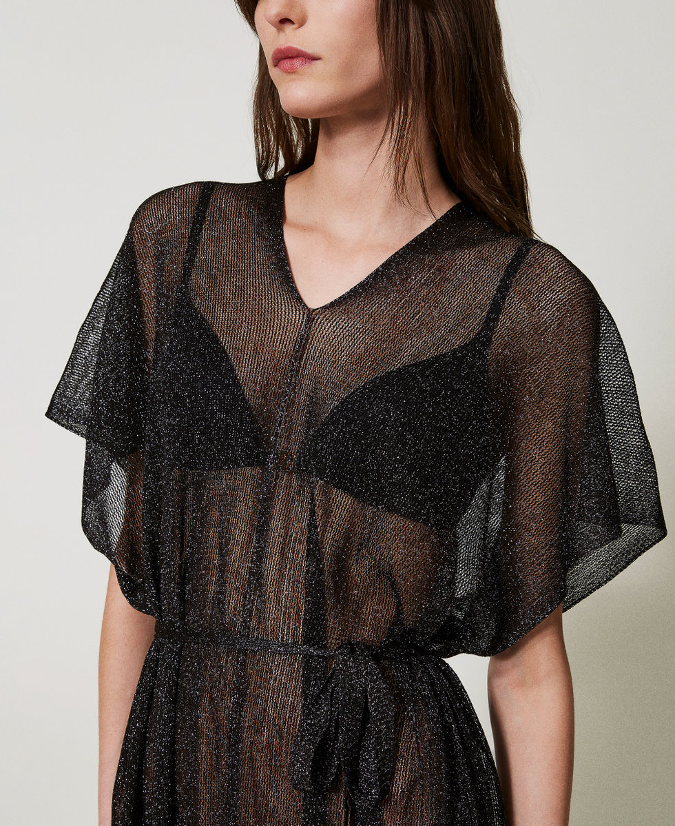 Caftan long en filet et lurex avec franges Noir Femme 251TO5180_00006_04