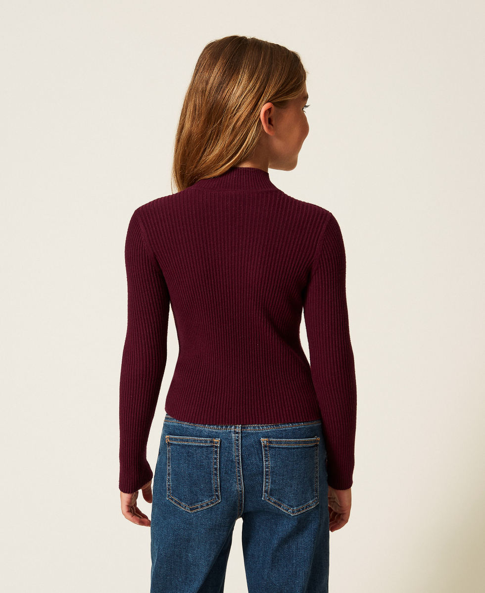 Rib knit turtleneck jumper with Oval T Burgundy Red Girl 252GJ3042_04218_03