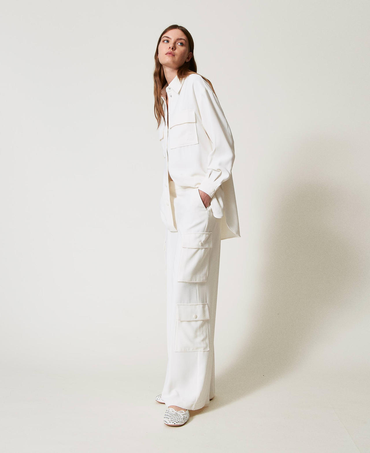 Pantalon palazzo en crêpe piqué Blanc Sugar Femme 251AP2333_00632_01