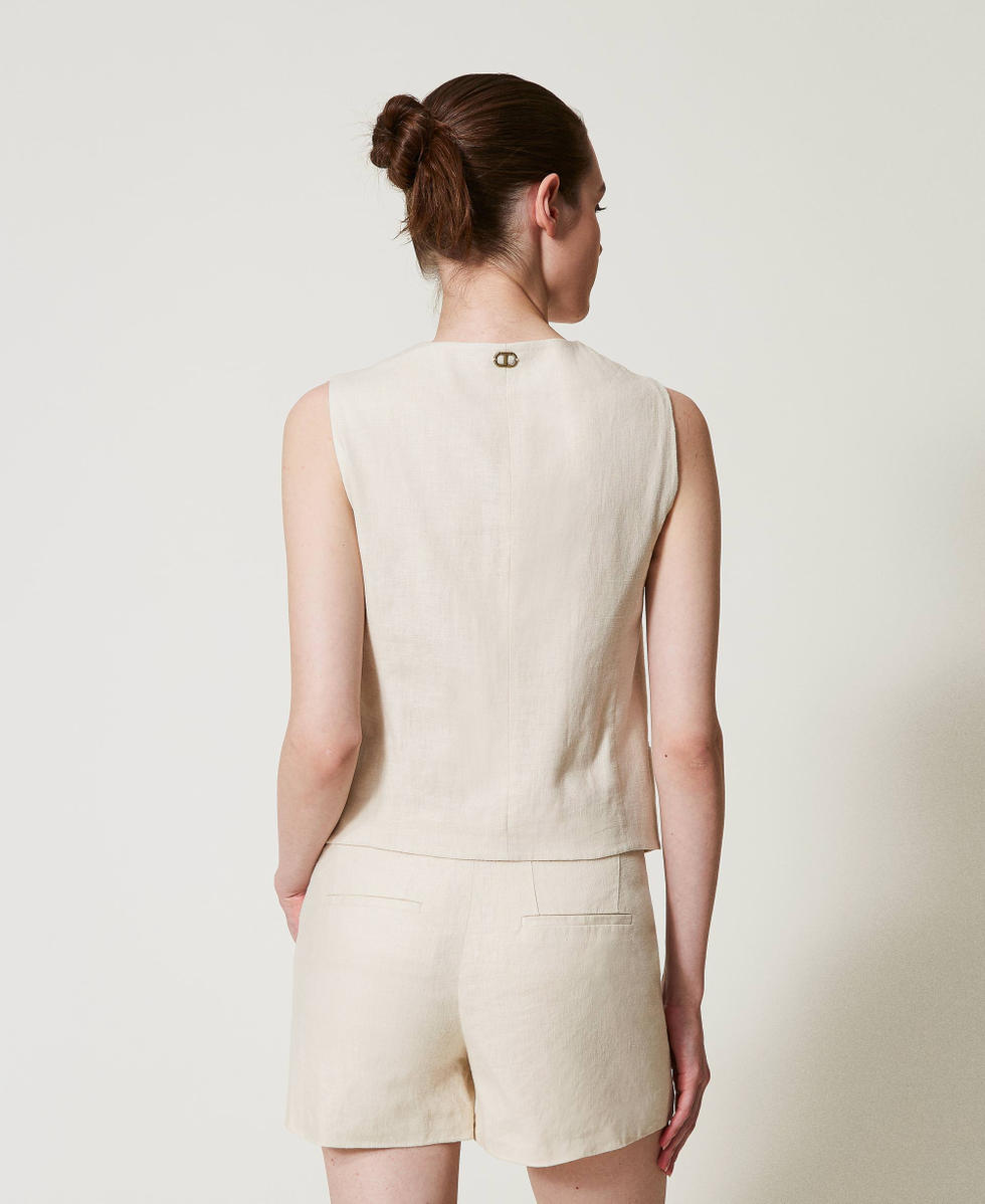 Linen blend waistcoat with embroidery Mother Of Pearl Woman 251TP2161_00059_03