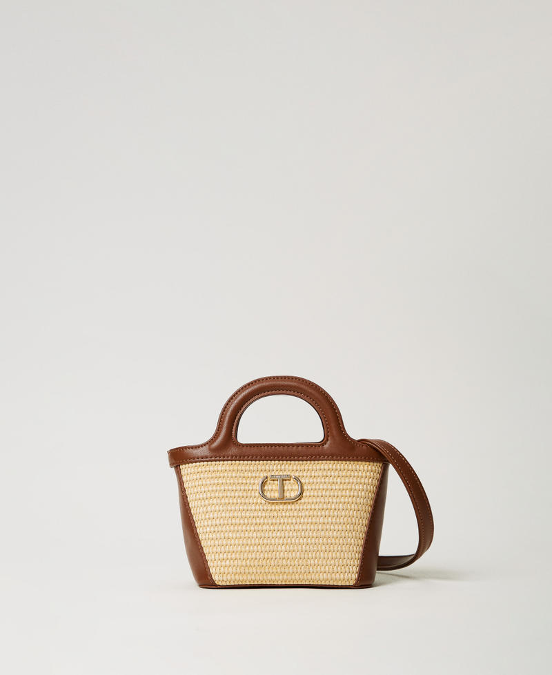 Faux straw shoulder bag with Oval T Two-tone "Straw" Beige / "Leather" Brown Girl 251GJ8012_11617_01