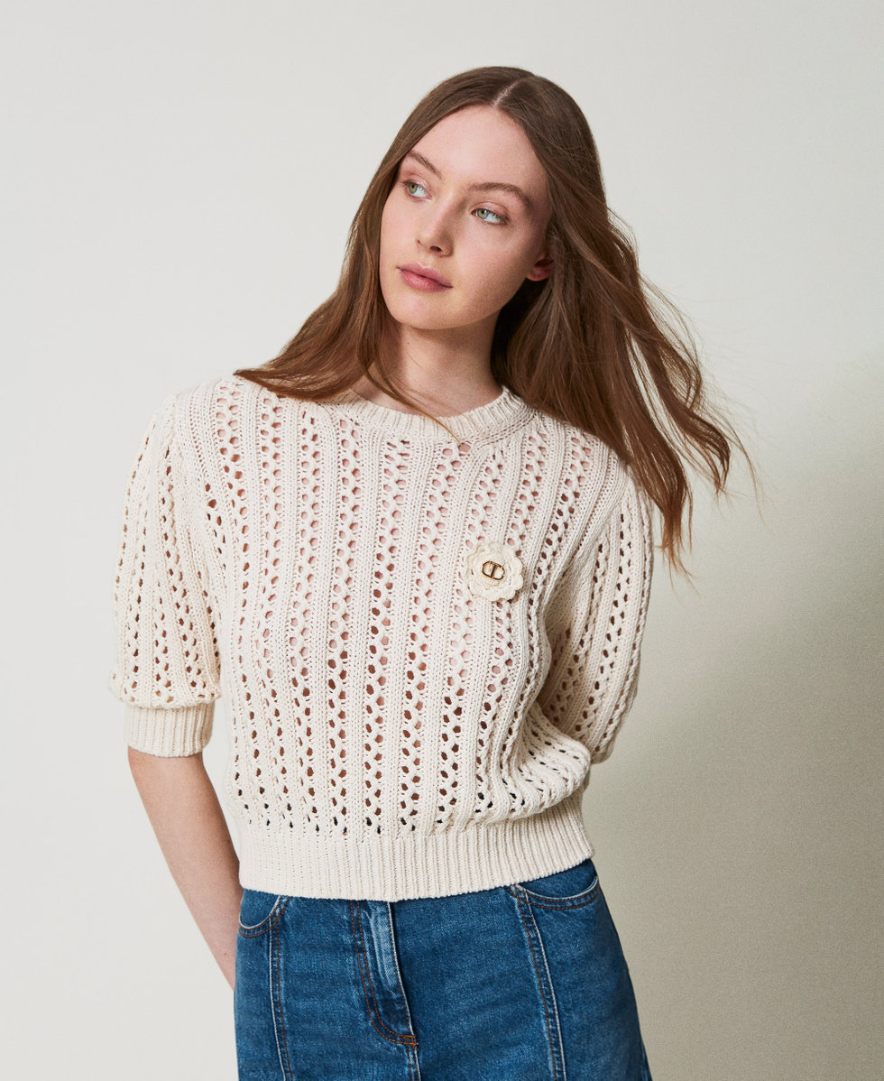 Jumper with crochet brooch Dark Mother-of-Pearl Woman 251TP3361_02952_01