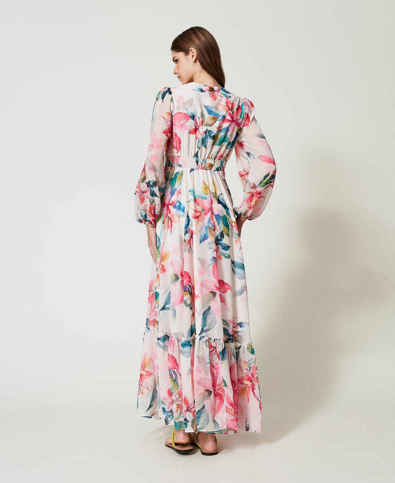 Long georgette dress with floral print Mother of Pearl/Multicolour Floral Print Woman 251LB2ZHH_12194_03