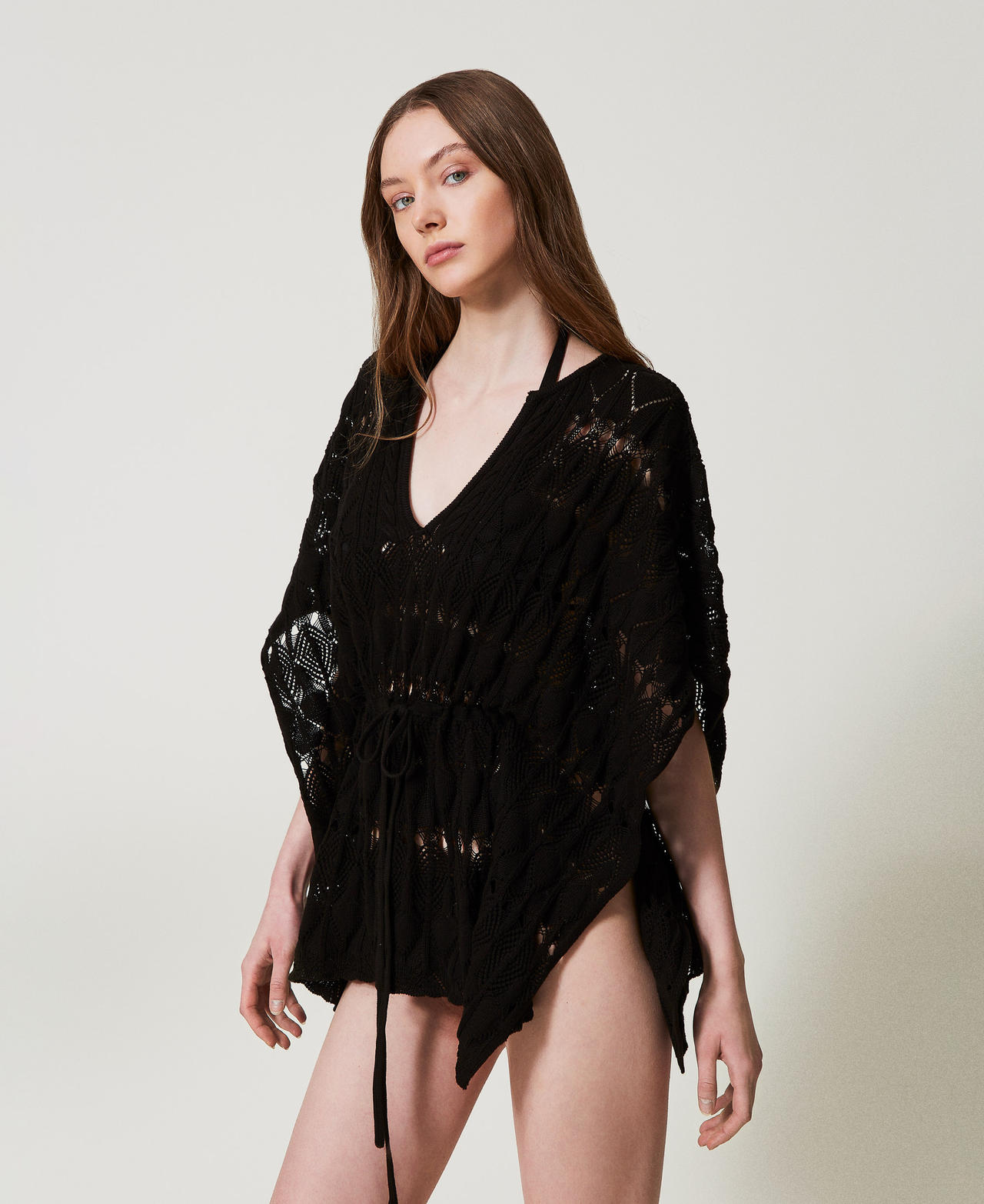 Caftano in maglia traforata Nero Donna 251LB3RDD_00006_02