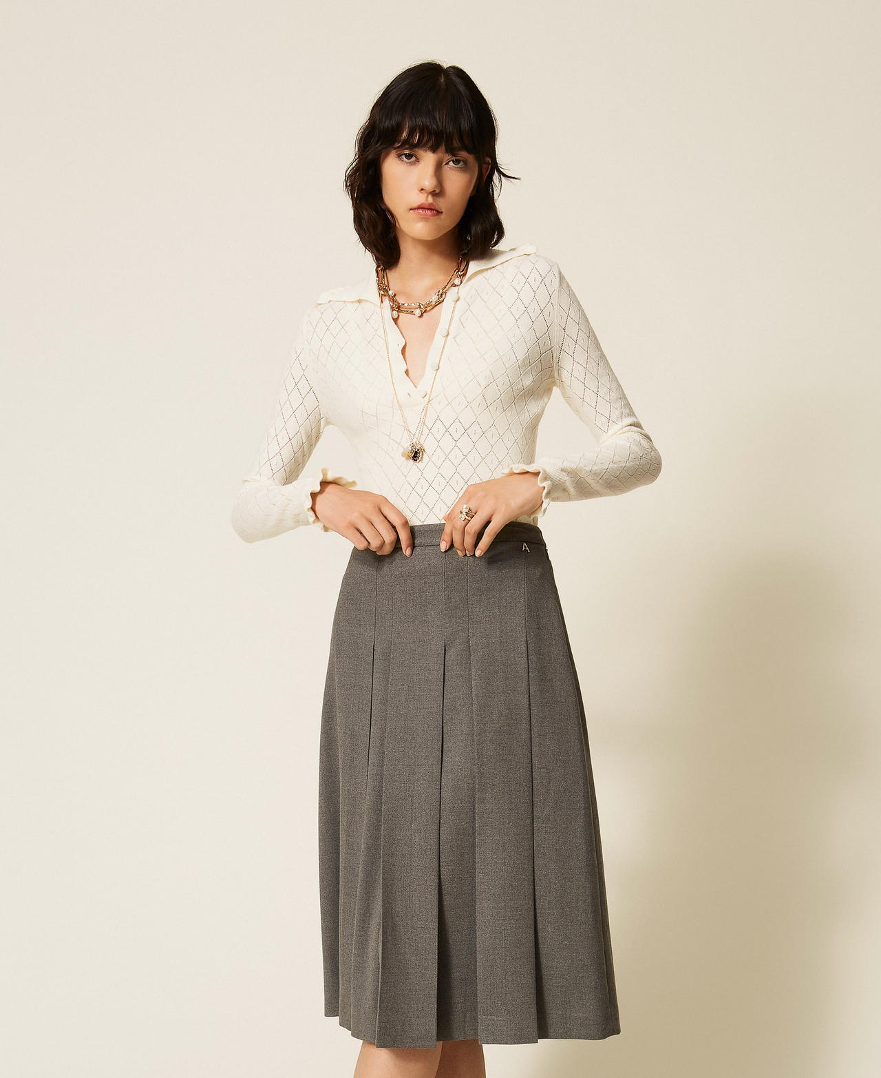 Flannel midi skirt Mid Grey Melange Woman 262AT2213_12838_01