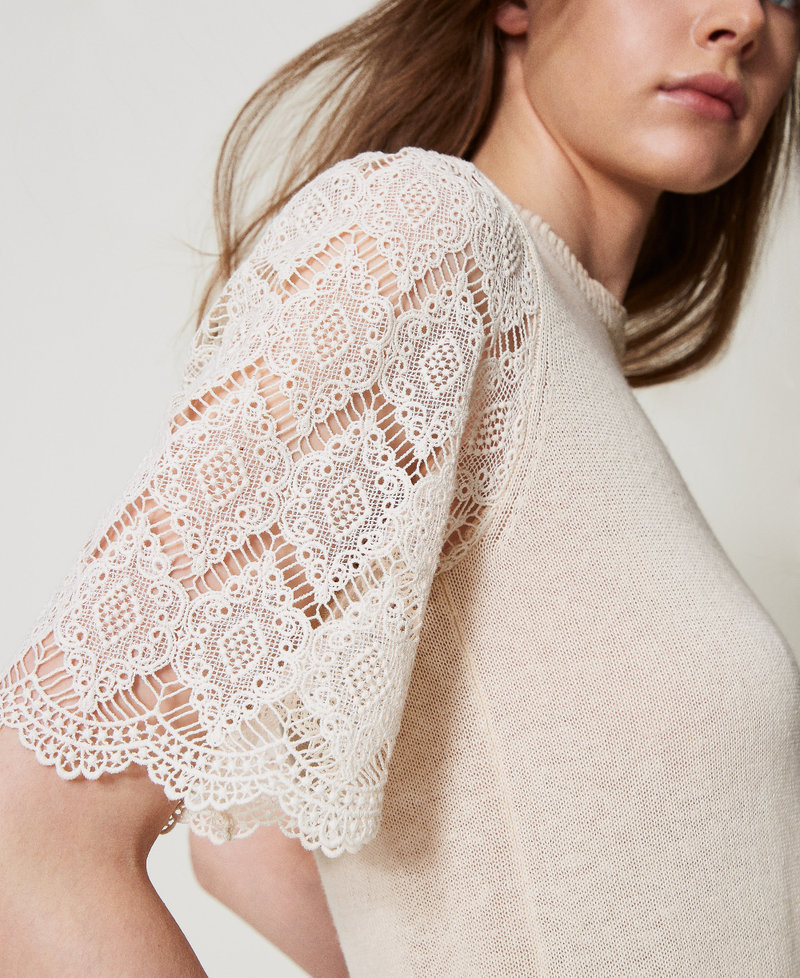 Linen blend jumper with jacquard sleeves Delicate Beige Woman 251TP3341_12140_04
