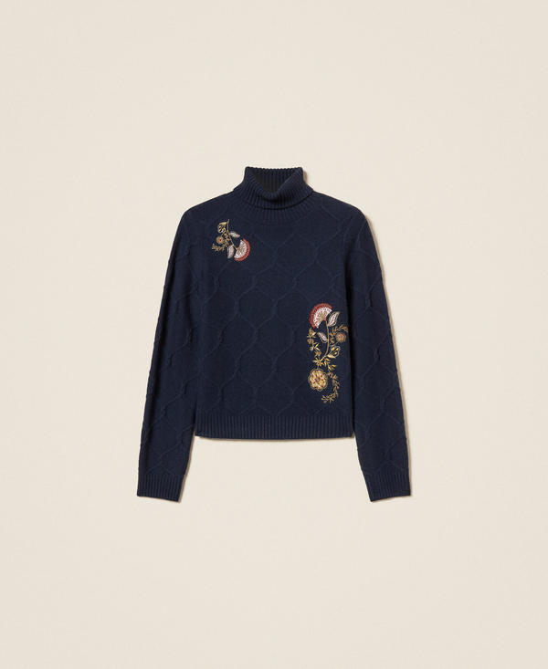 Turtleneck wool jumper with floral embroidery