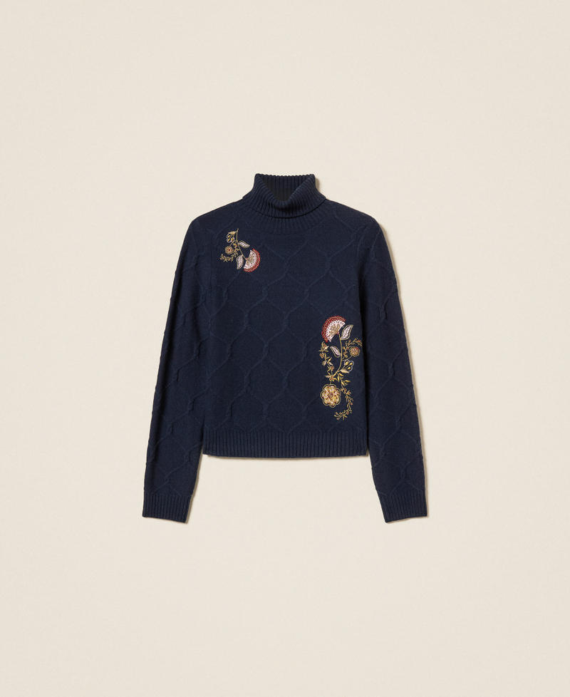 Turtleneck wool jumper with floral embroidery Blue Paint Woman 262AP3190_13182_S0