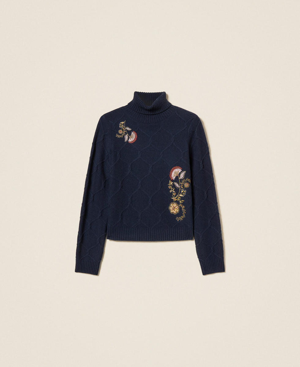 Rollkragenpullover aus Wolle mit floralem Stickmotiv Blue Paint Frau 262AP3190_13182_S0